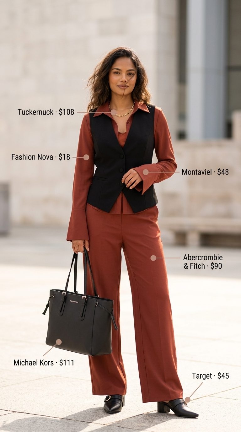 Chic NYC Summer Outfits 2026: Polished Trousers Chic NYC summer outfits for women 2026: Cream wide-leg trousers, black vest, and mules for a polished office look.