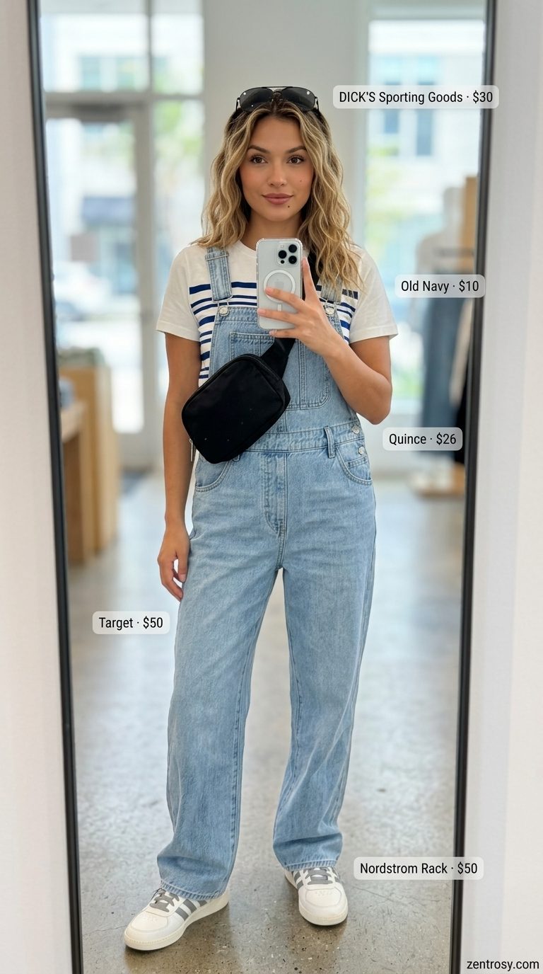 Chic NYC Summer Outfits for Women 2026: Weekend Wanderer Chic NYC summer outfit for women 2026: Denim overalls, striped tee, and canvas tote for West Village exploring.
