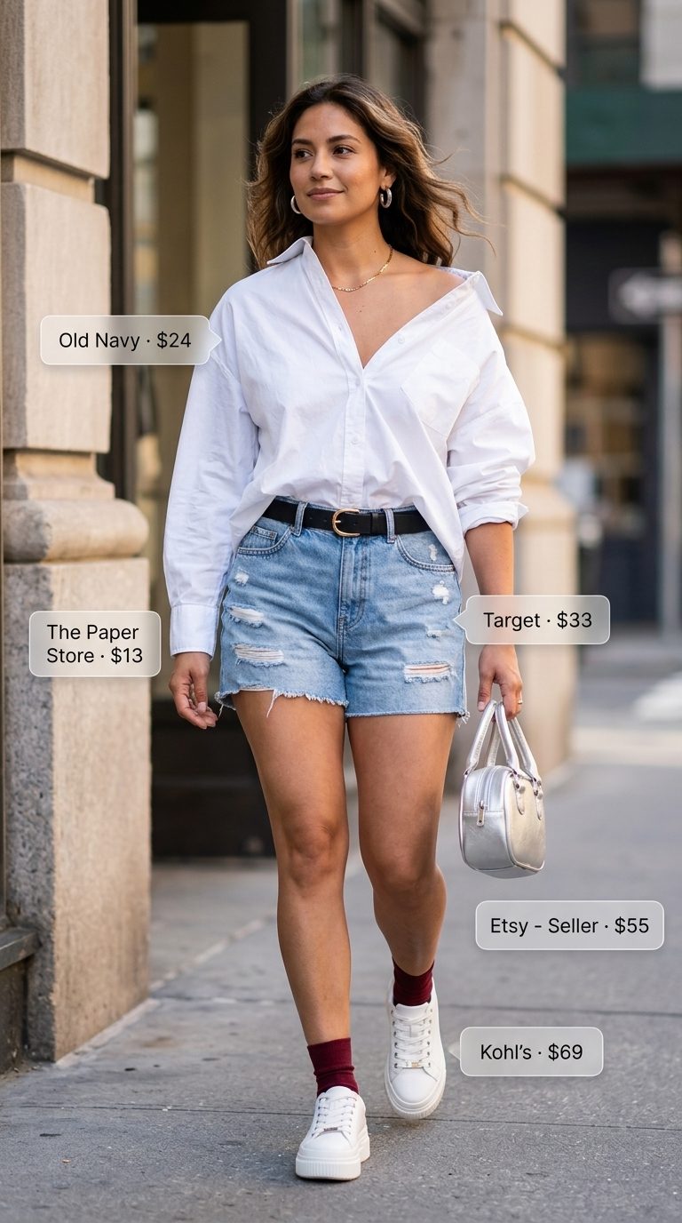 Chic NYC Summer Outfits 2026: Denim Shorts Style Chic NYC summer outfits for women 2026: Distressed denim shorts, oversized white shirt, and sneakers for shopping.