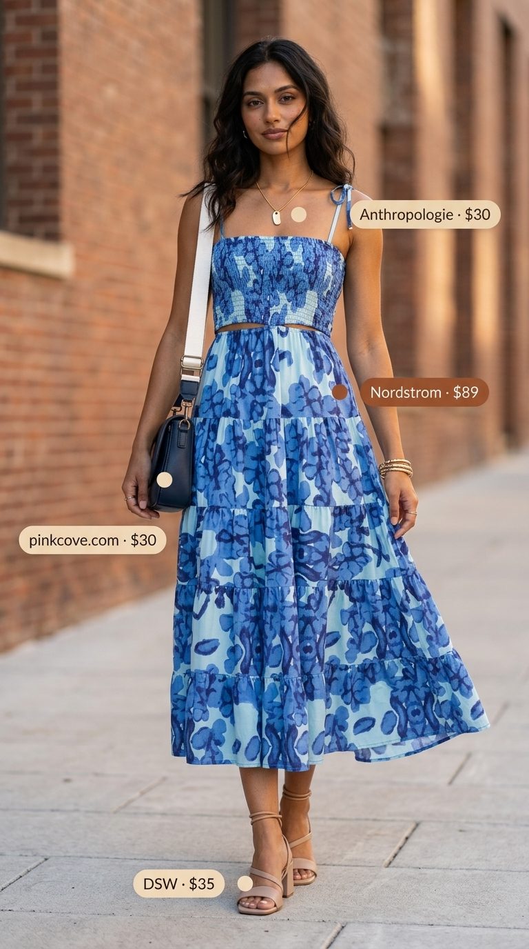 Chic NYC Summer Outfits 2026: Romantic Floral Dress Chic NYC summer outfits for women 2026: Navy floral midi dress, gold jewelry, and tan sandals for a romantic date night.