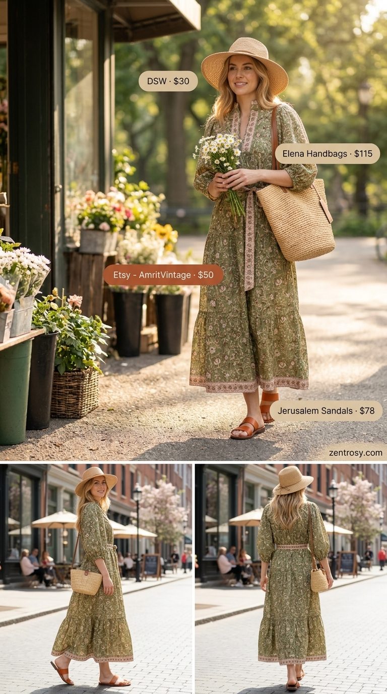 Chic NYC Summer Outfits for Women 2026: Park Picnic Relaxed NYC summer outfit: Olive floral maxi dress, straw hat, tan sandals for a picnic.