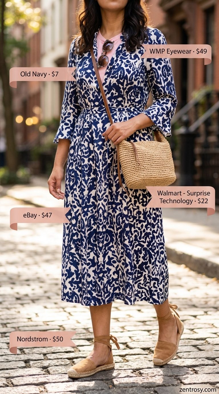 Chic NYC Summer Outfits 2026: Floral Shirt Dress Chic NYC summer outfits for women 2026: Navy floral shirt dress, straw bag, and espadrilles for sightseeing.