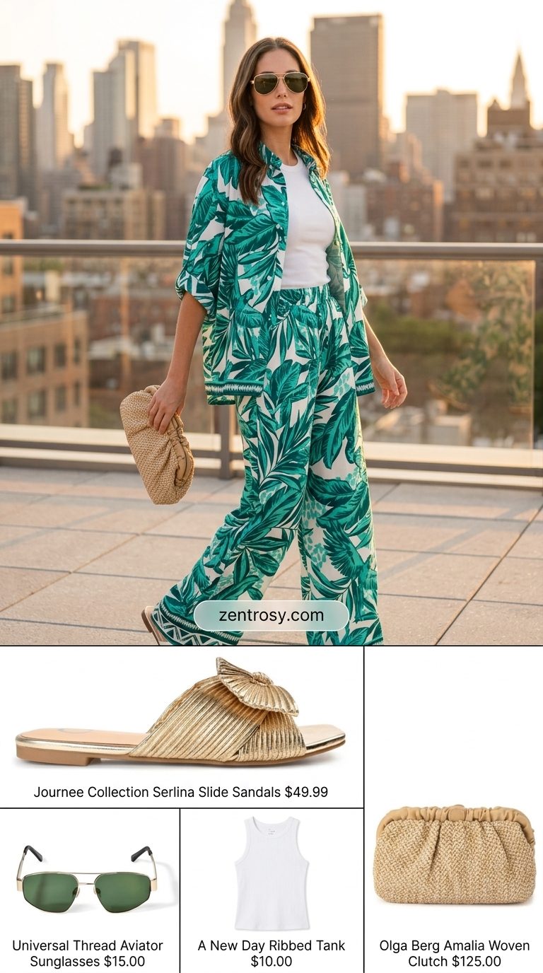 Chic NYC Summer Outfits for Women 2026: Sunset Drinks Vibrant NYC summer outfit: Tropical green set, white tank, gold sandals for sunset drinks.