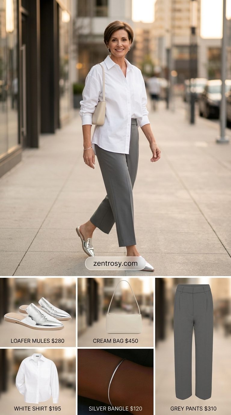 Chic NYC Summer Outfits for Women 2026: Gallery Style Elegant NYC summer outfit: Grey trousers, white shirt, silver mules for gallery hopping.