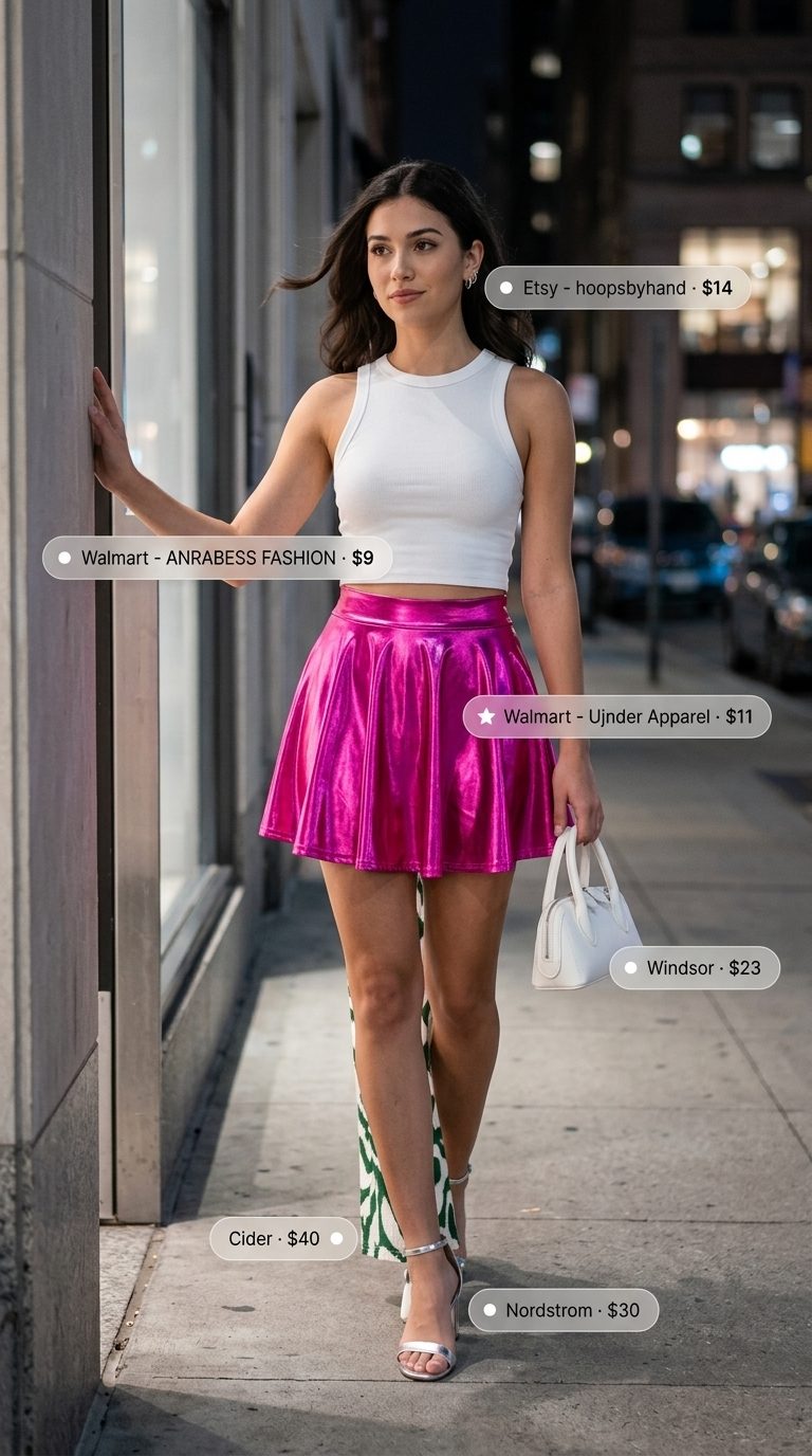 Chic NYC Summer Outfits for Women 2026: Neon Night Out Bold NYC summer outfit: Hot pink mini skirt, white crop top, silver sandals for a night out.
