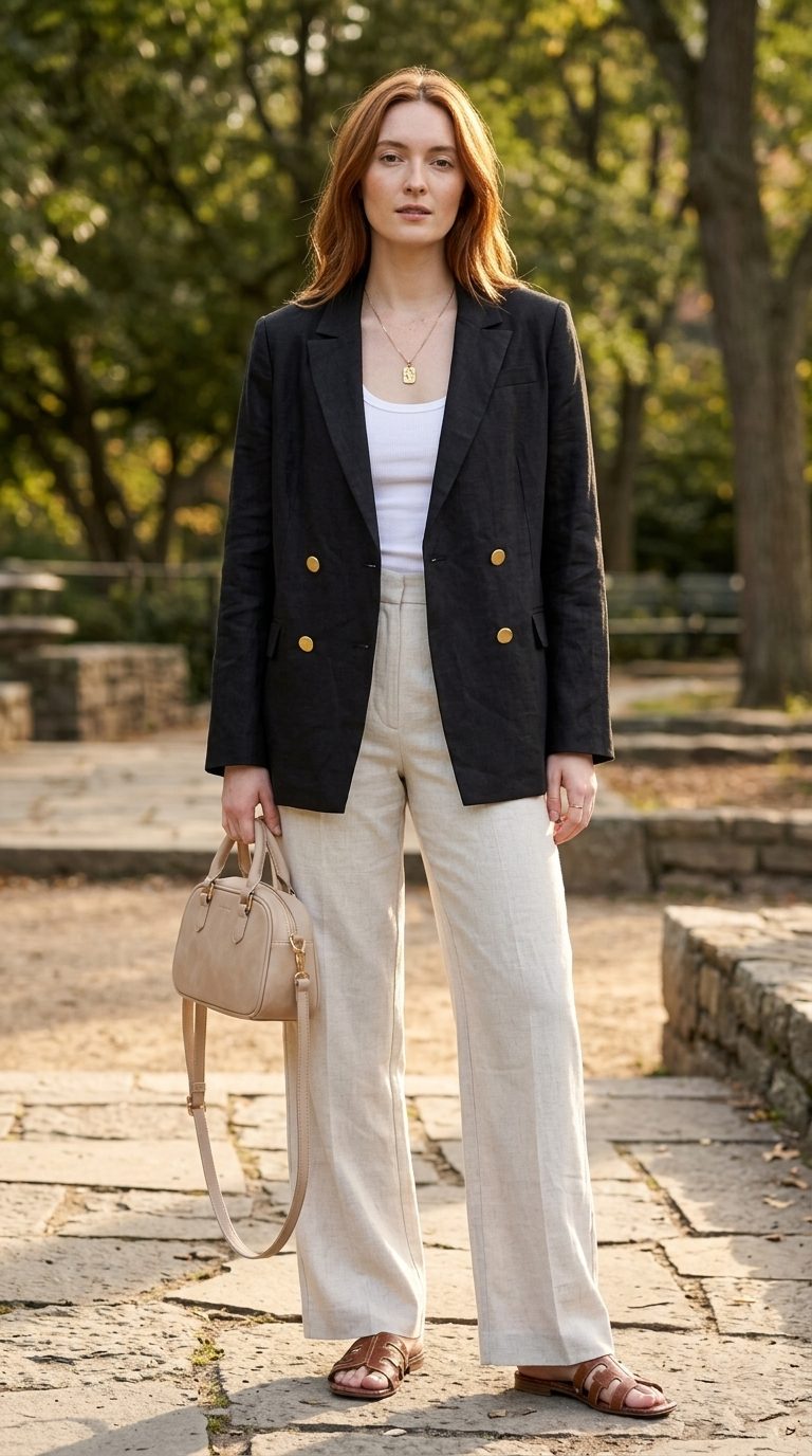 Chic NYC Summer Outfits for Women 2026: City Safari Style Chic NYC summer outfit for women 2026: Khaki cargo pants, white tank, and black oversized blazer for city exploration.