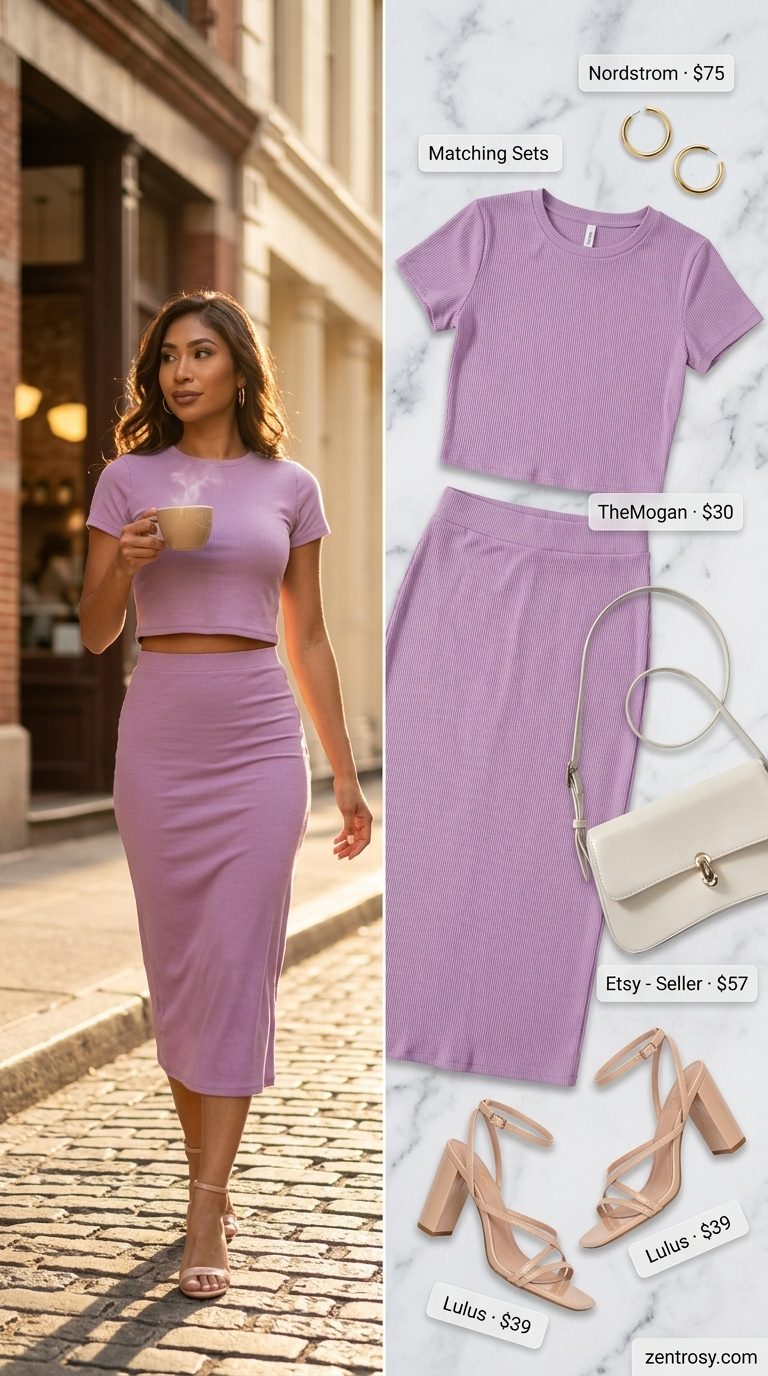Chic NYC Summer Outfits for Women 2026: Rooftop Happy Hour Chic NYC summer outfit for women 2026: Lavender knit set, nude sandals, and raffia bag for rooftop happy hour.