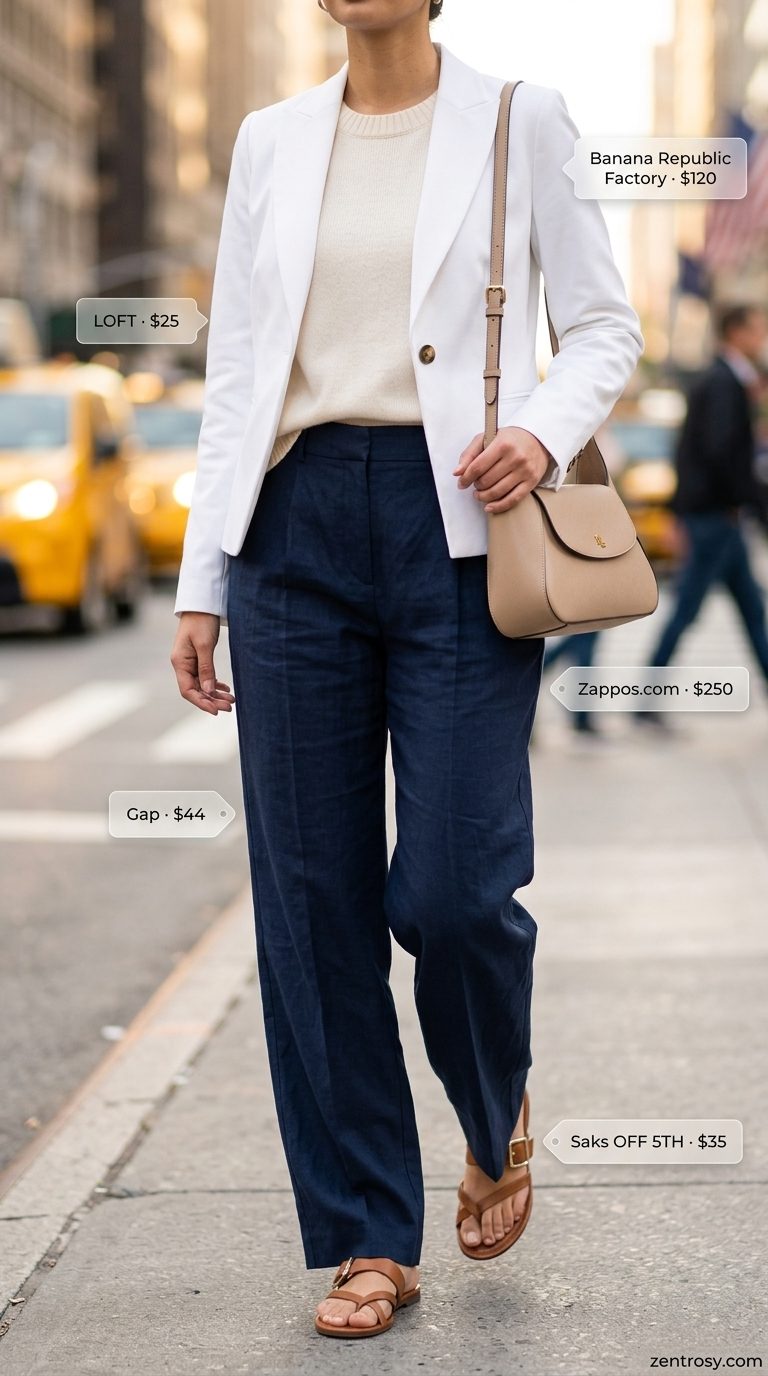 Chic NYC Summer Outfits for Women 2026: Brunch Style Chic NYC summer outfit: Navy linen pants, white tank, tan sandals, and blazer for brunch.