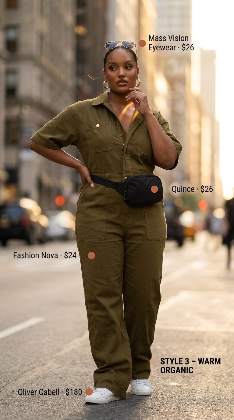 Chic NYC Summer Outfits for Women 2026: Utility Chic Edgy NYC summer outfit: Olive utility jumpsuit, black belt bag, white sneakers for city exploration.