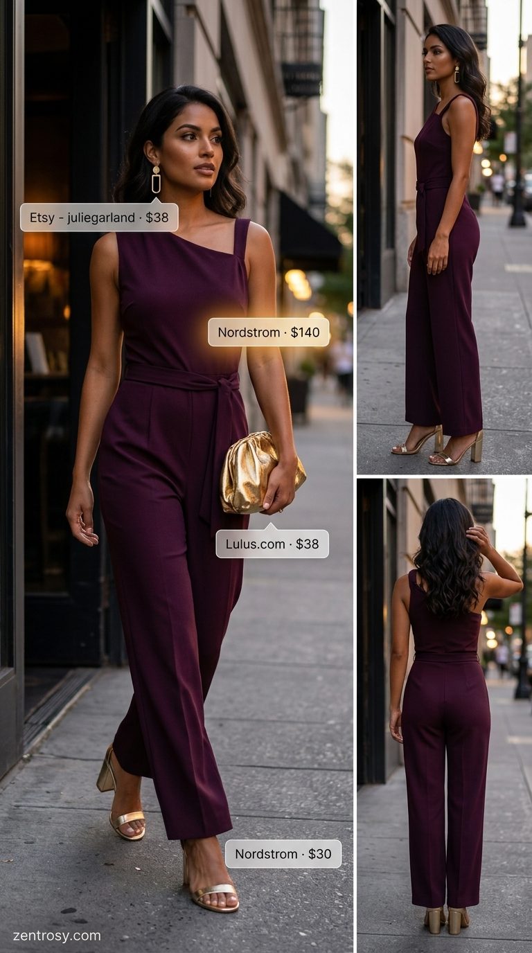 Chic NYC Summer Outfits 2026: Glamorous Jumpsuit Chic NYC summer outfits for women 2026: Plum wide-leg jumpsuit, gold sandals, and clutch for evening event.