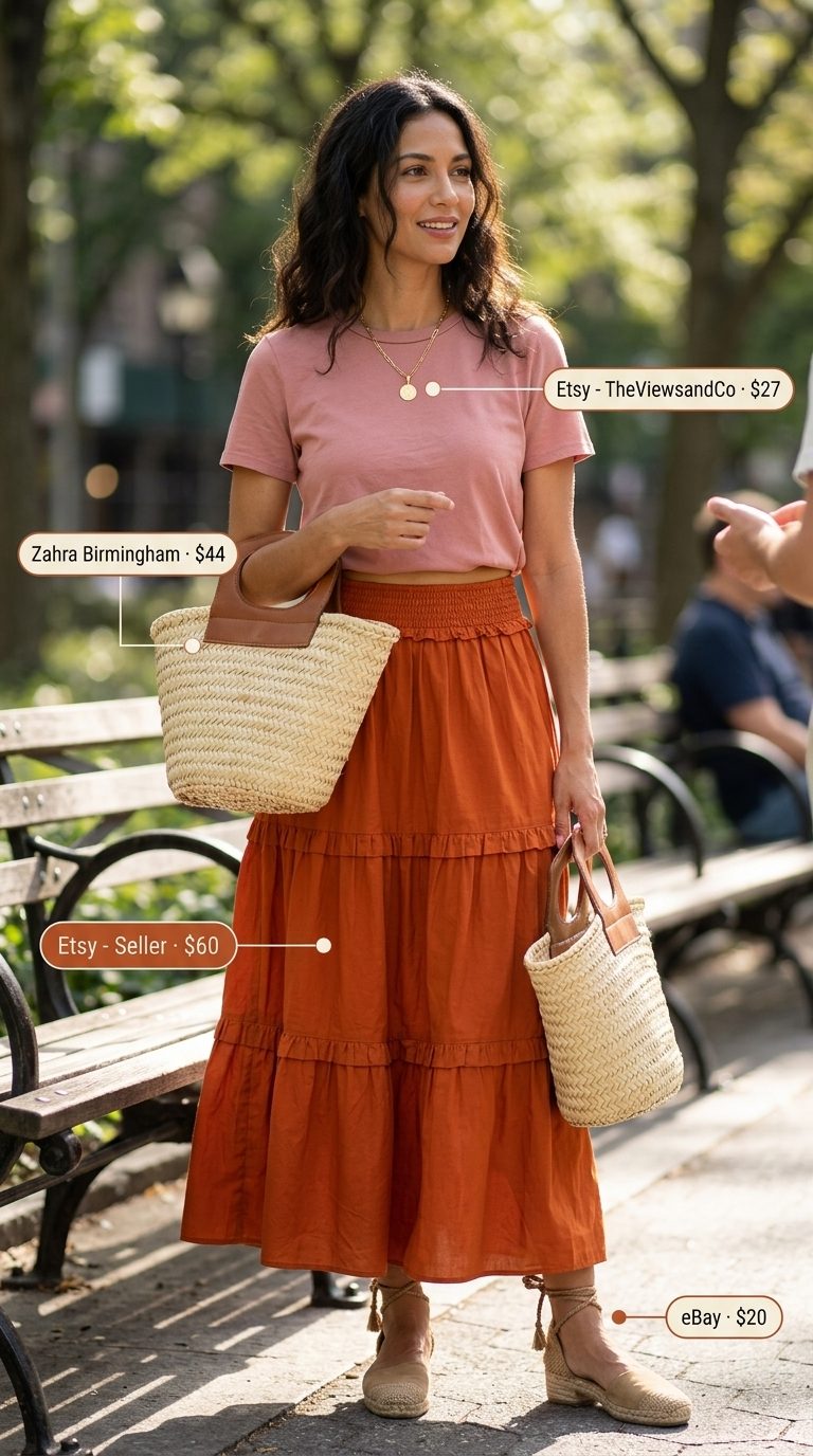Chic NYC Summer Outfits 2026: Picnic Maxi Dress Chic NYC summer outfits for women 2026: Rust orange tiered maxi dress, straw tote, and espadrilles for a picnic.