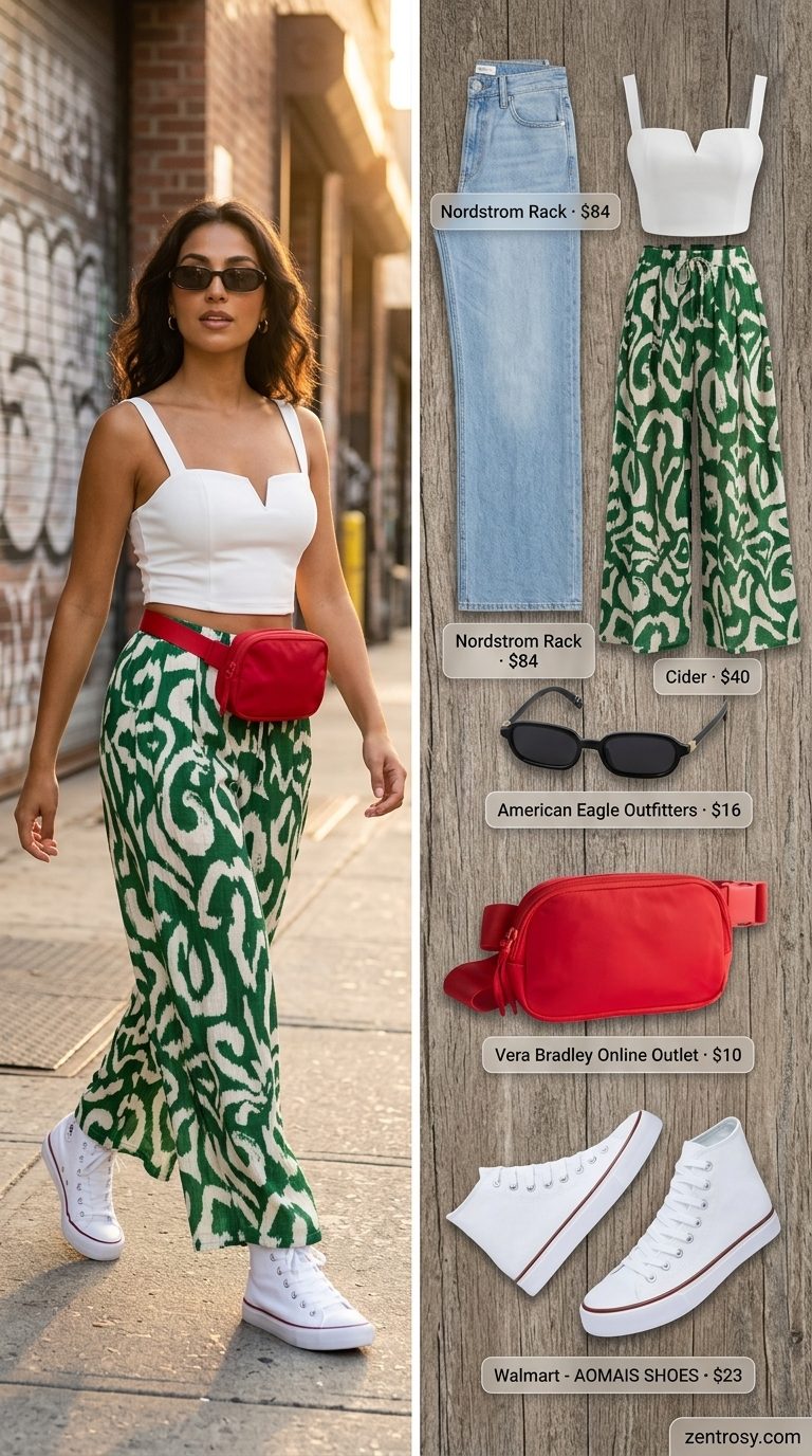 Chic NYC Summer Outfits for Women 2026: Central Park Picnic Chic NYC summer outfit for women 2026: Light wash wide-leg jeans, white crop tank, and red belt bag for a picnic.