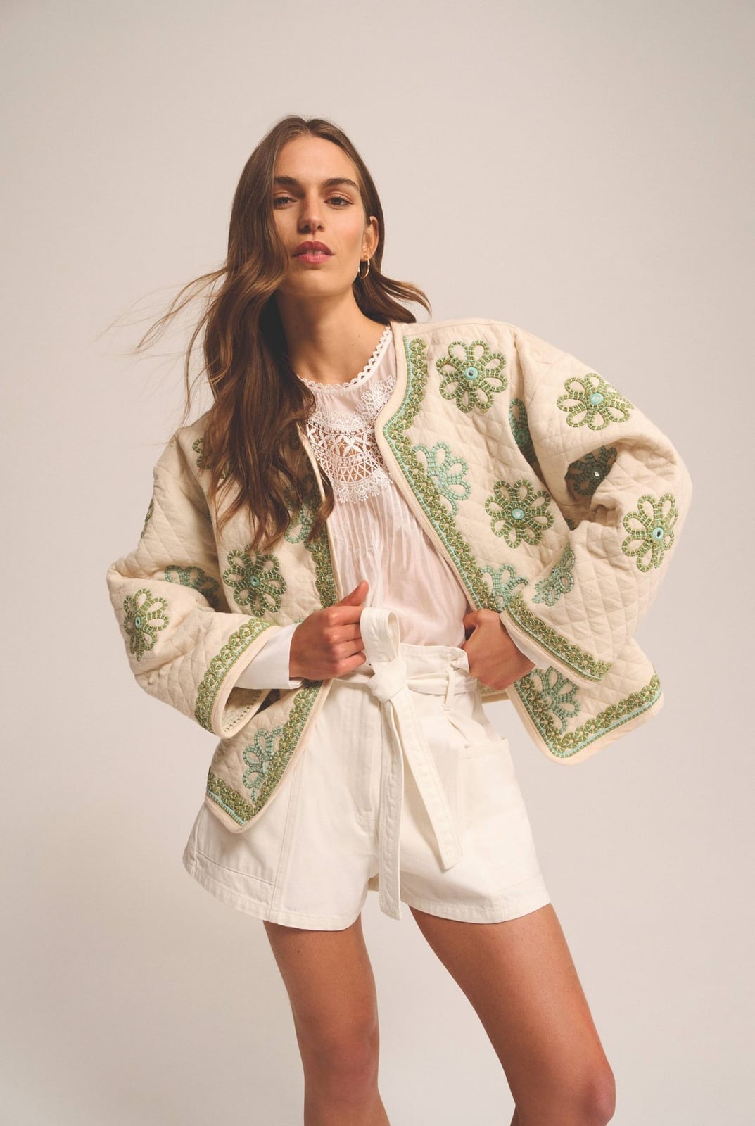 Quilted Jacket with Lace Trim Top and Denim Shorts Quilted Jacket with Lace Trim Top and Denim Shorts — Chic Style Inspo