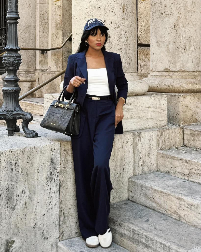 Navy Trouser Suit with White Tube Top Navy Trouser Suit with White Tube Top — Chic Style Inspo
