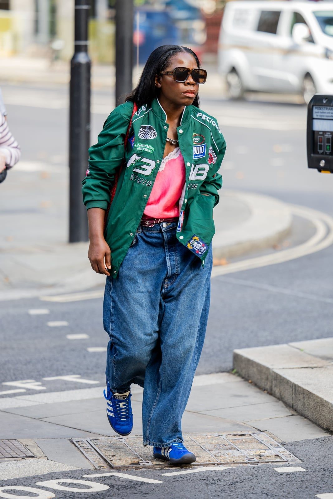 Green Racing Jacket Over Pink Top and Jeans Green Racing Jacket Over Pink Top and Jeans — Chic Style Inspo