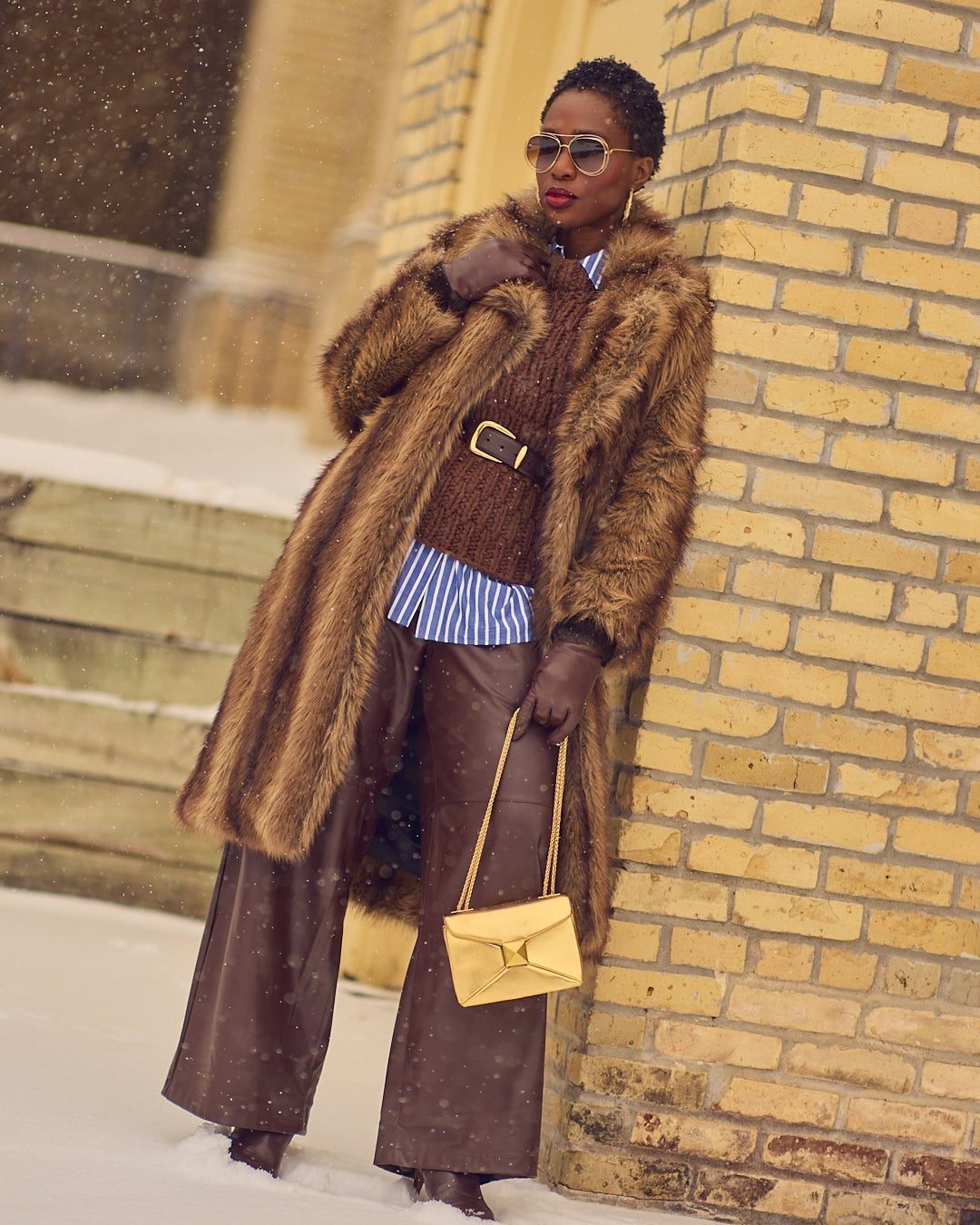 Faux Fur Coat Over Knit Top and Leather Trousers Faux Fur Coat Over Knit Top and Leather Trousers — Chic Style Inspo