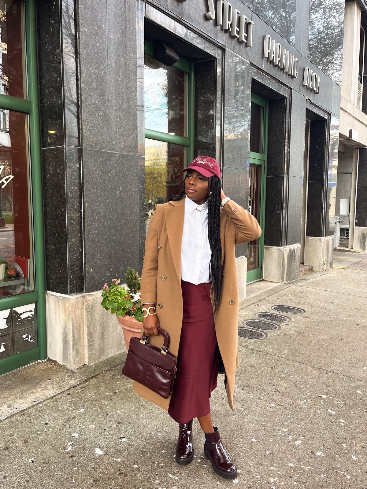 Camel Coat Over Button-Down Shirt and Midi Skirt Camel Coat Over Button-Down Shirt and Midi Skirt — Chic Style Inspo
