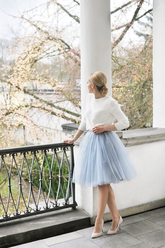 White Sweater with Powder Blue Tulle Skirt White Sweater with Powder Blue Tulle Skirt — Chic Style Inspo