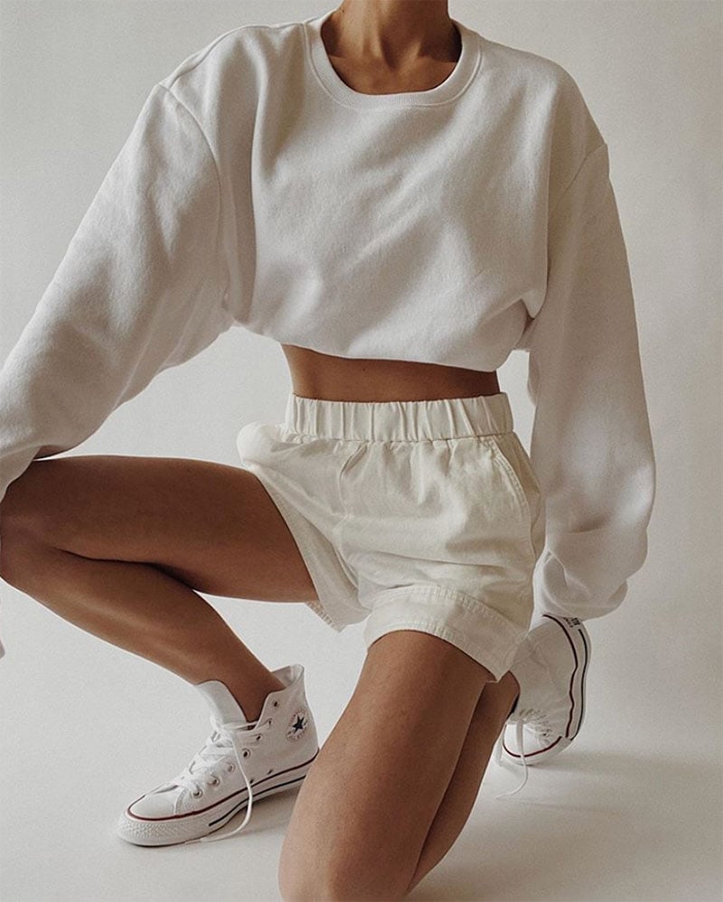 Monochromatic White Sweatshirt and Shorts Set Monochromatic White Sweatshirt and Shorts Set — Chic Style Inspo