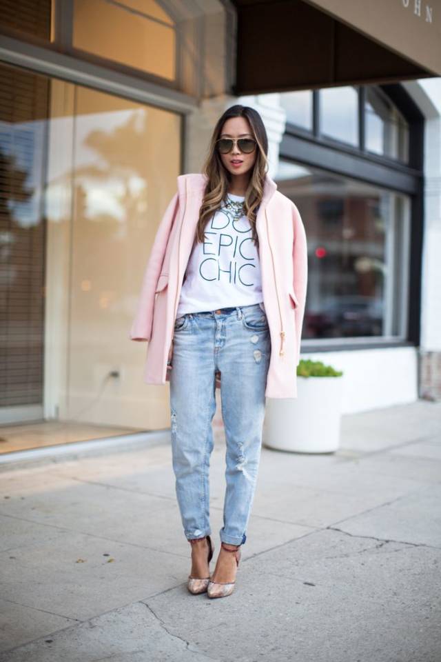 Pink Coat Over Distressed Jeans and White Tee Pink Coat Over Distressed Jeans and White Tee — Chic Style Inspo