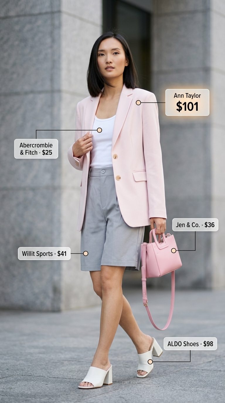 Chic summer business casual outfit for women 2026: Blush blazer, grey shorts, white tank, and white mules.