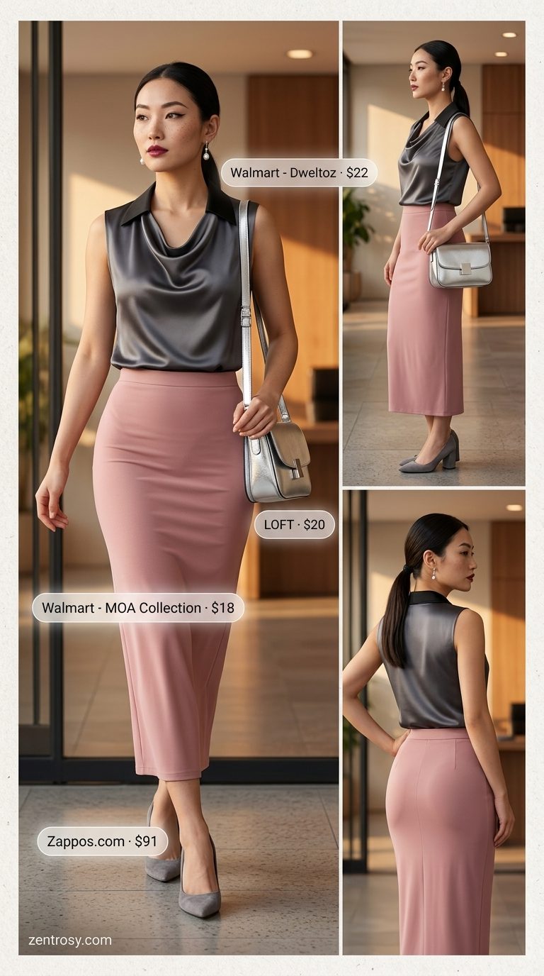 Chic summer business casual outfit for women 2026: Blush pink pencil skirt, charcoal blouse, pearl earrings for elegant office wear.