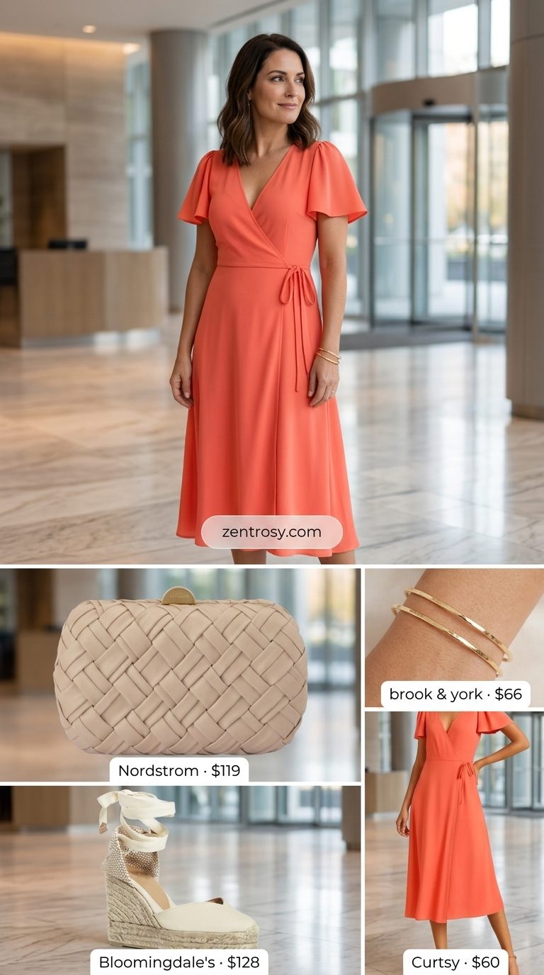 Chic summer business casual outfit for women 2026: Warm coral wrap dress, gold jewelry, and espadrille wedges.