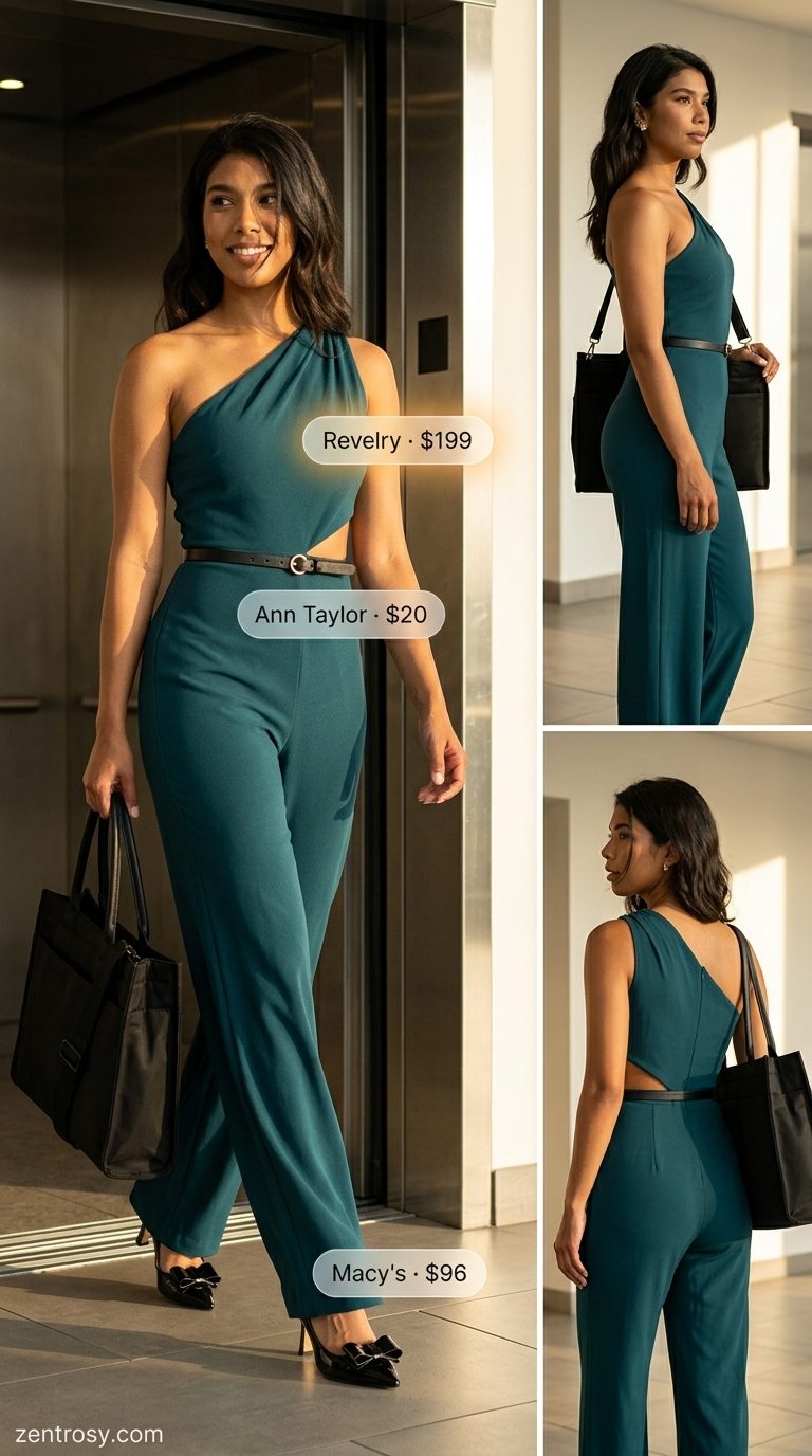 Chic summer business casual outfit for women 2026: Emerald green jumpsuit, black belt, gold necklace, and black pumps.