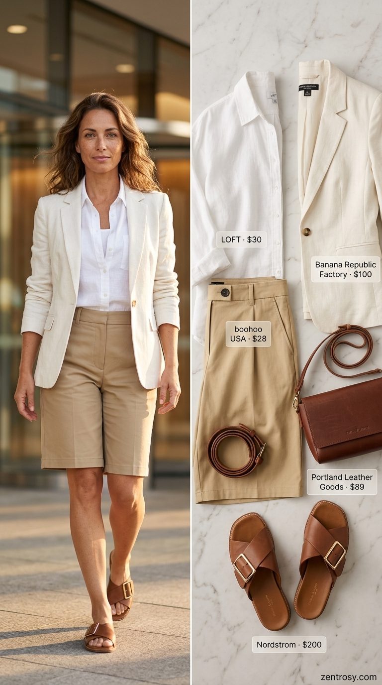 Chic summer business casual outfit for women 2026: Khaki shorts, white linen shirt, and cognac accessories.