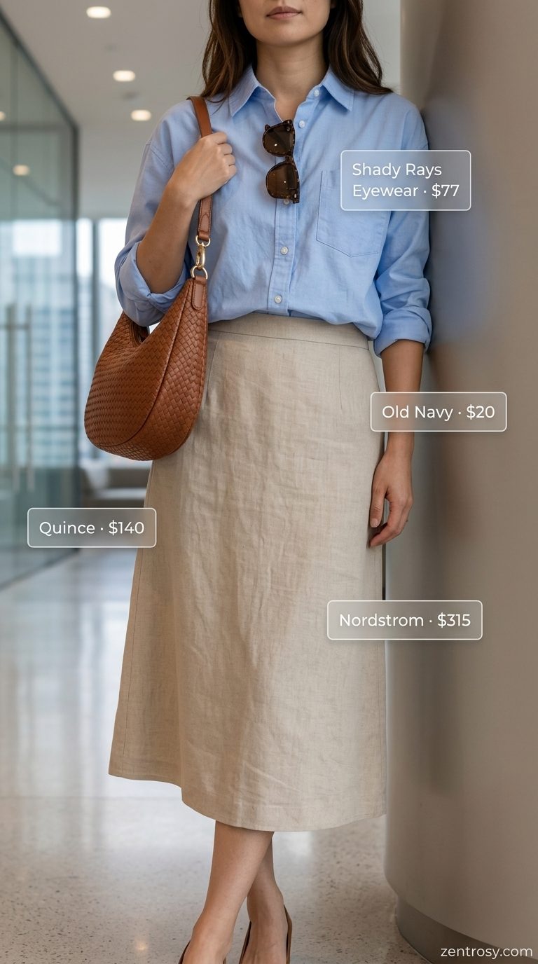 Chic summer business casual outfit for women 2026: Beige linen skirt, sky blue shirt, and brown slides.