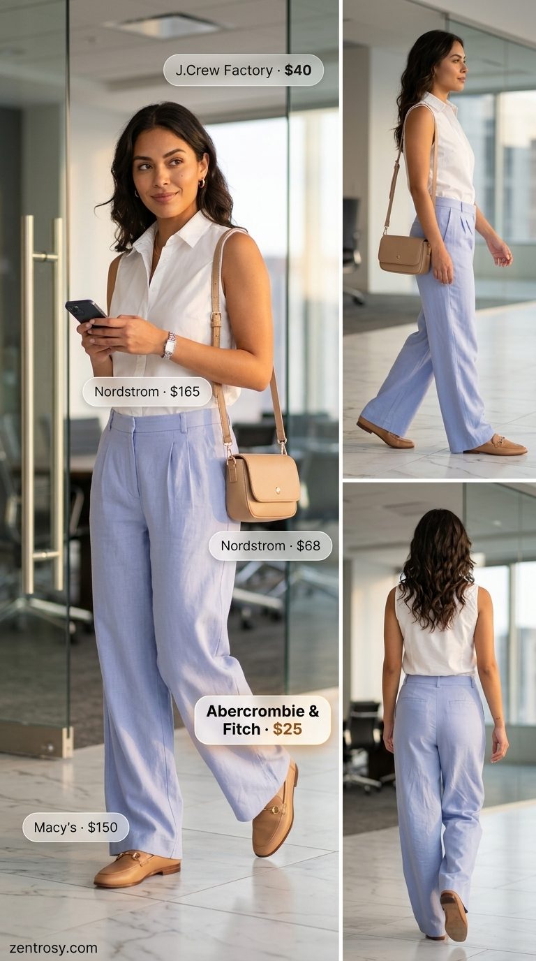 Chic summer business casual outfit for women 2026: Light blue linen pants, white sleeveless shirt, and loafers.