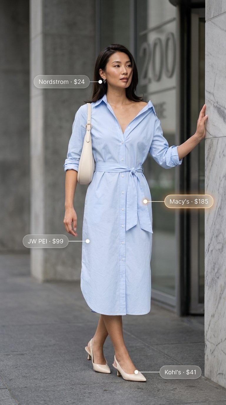 Chic summer business casual outfit for women 2026: Pale blue shirt dress, cream pumps, silver earrings for modern office wear.