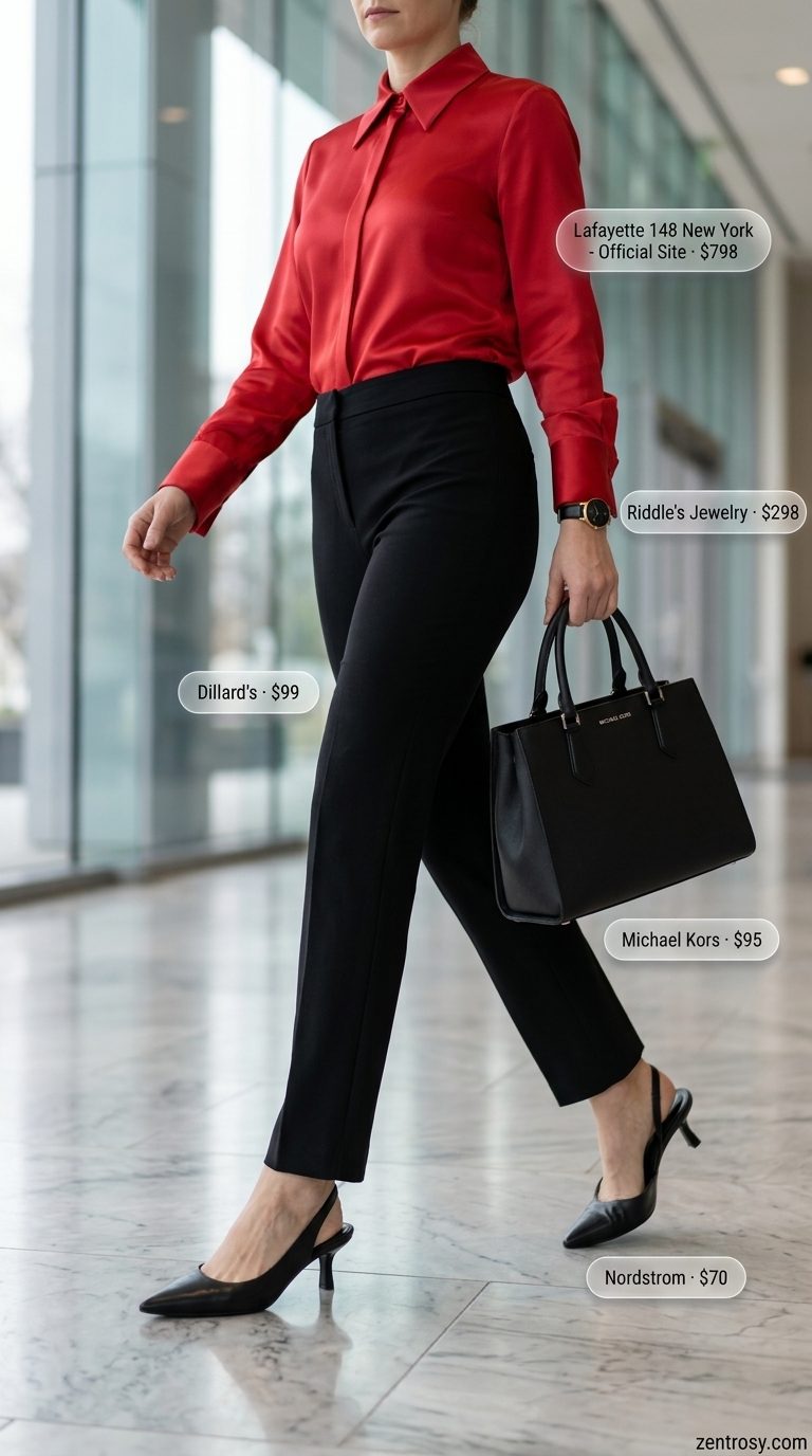 Chic summer business casual outfit for women 2026: Black trousers, red silk blouse, black pumps for classic office style.