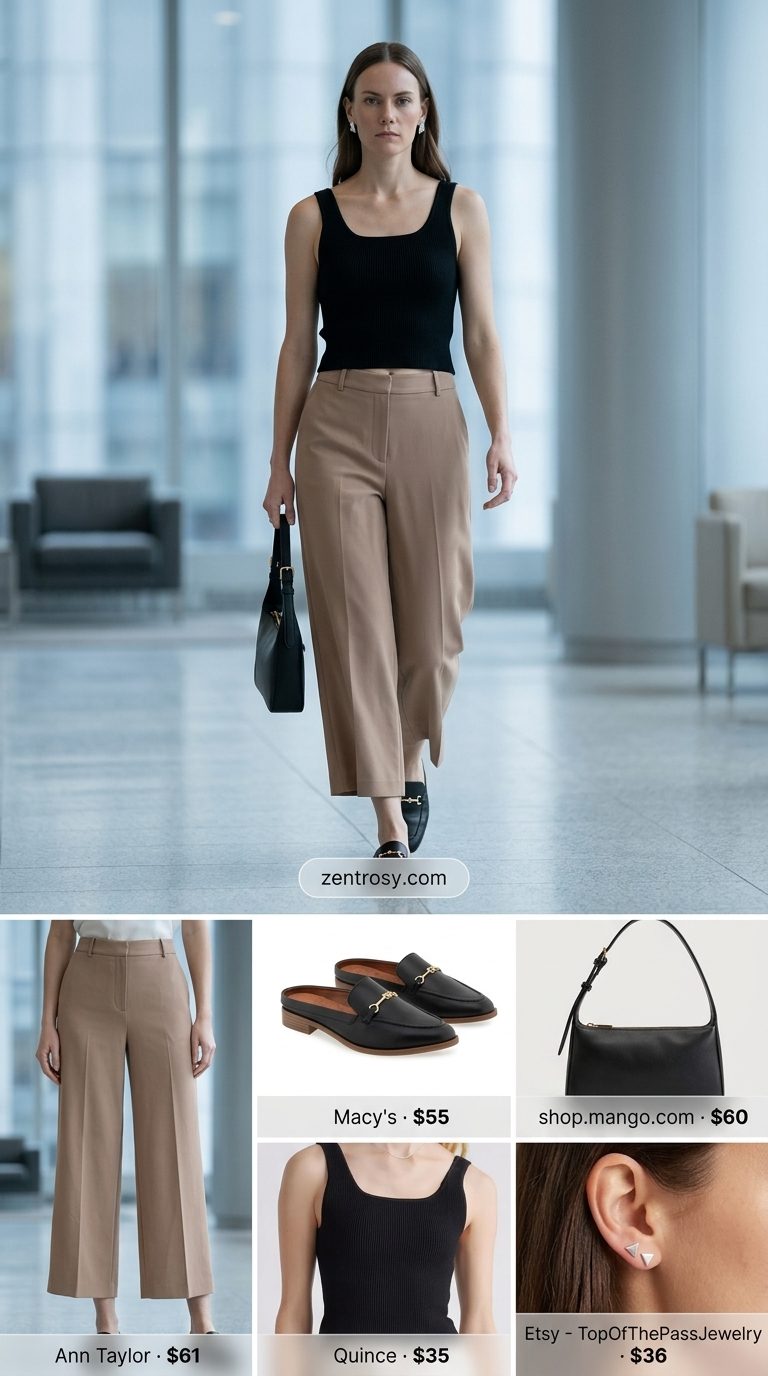 Chic summer business casual outfit for women 2026: Taupe wide-leg pants, black knit top, and black mules.