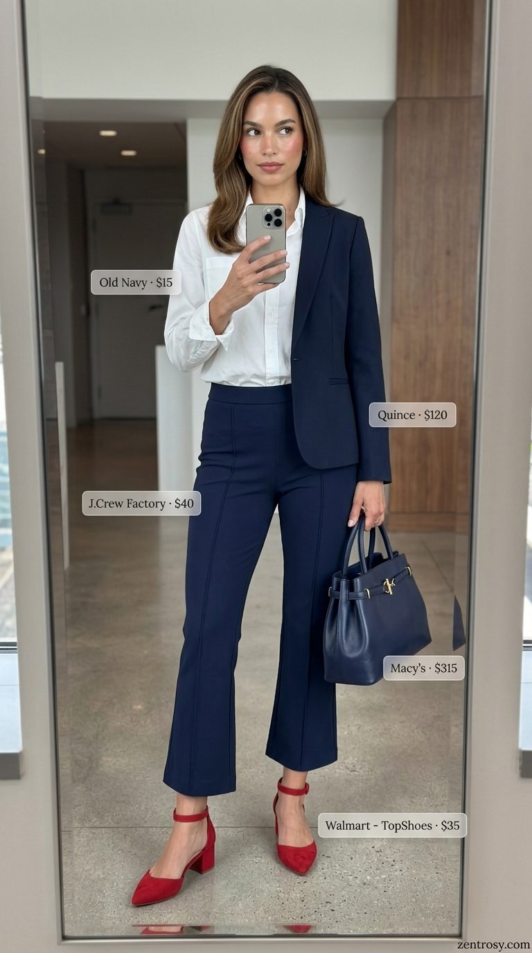Chic summer business casual outfit for women 2026: Navy blazer, white shirt, cropped trousers, red heels for important meetings.