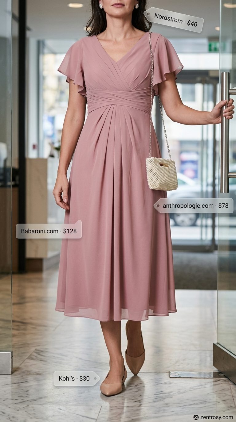Chic summer business casual outfit for women 2026: Dusty rose pleated midi dress, beige flats, pearl earrings for elegant office events.