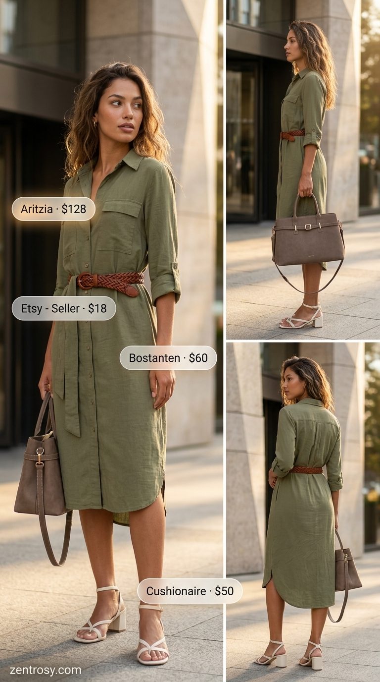 Chic summer business casual outfit for women 2026: Olive green shirt dress, brown belt, and block heels.