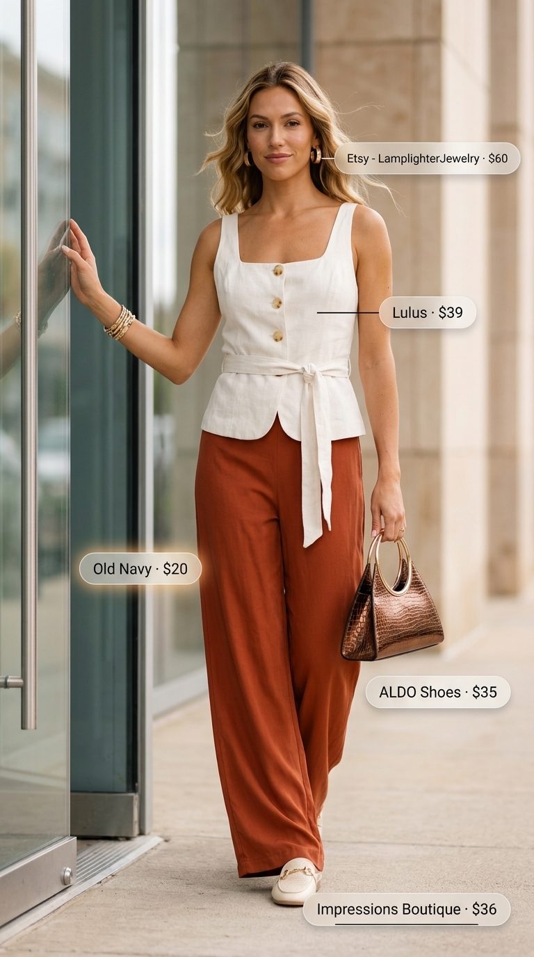 Chic summer business casual outfit for women 2026: Terracotta linen trousers, ivory vest, bronze loafers for creative office days.