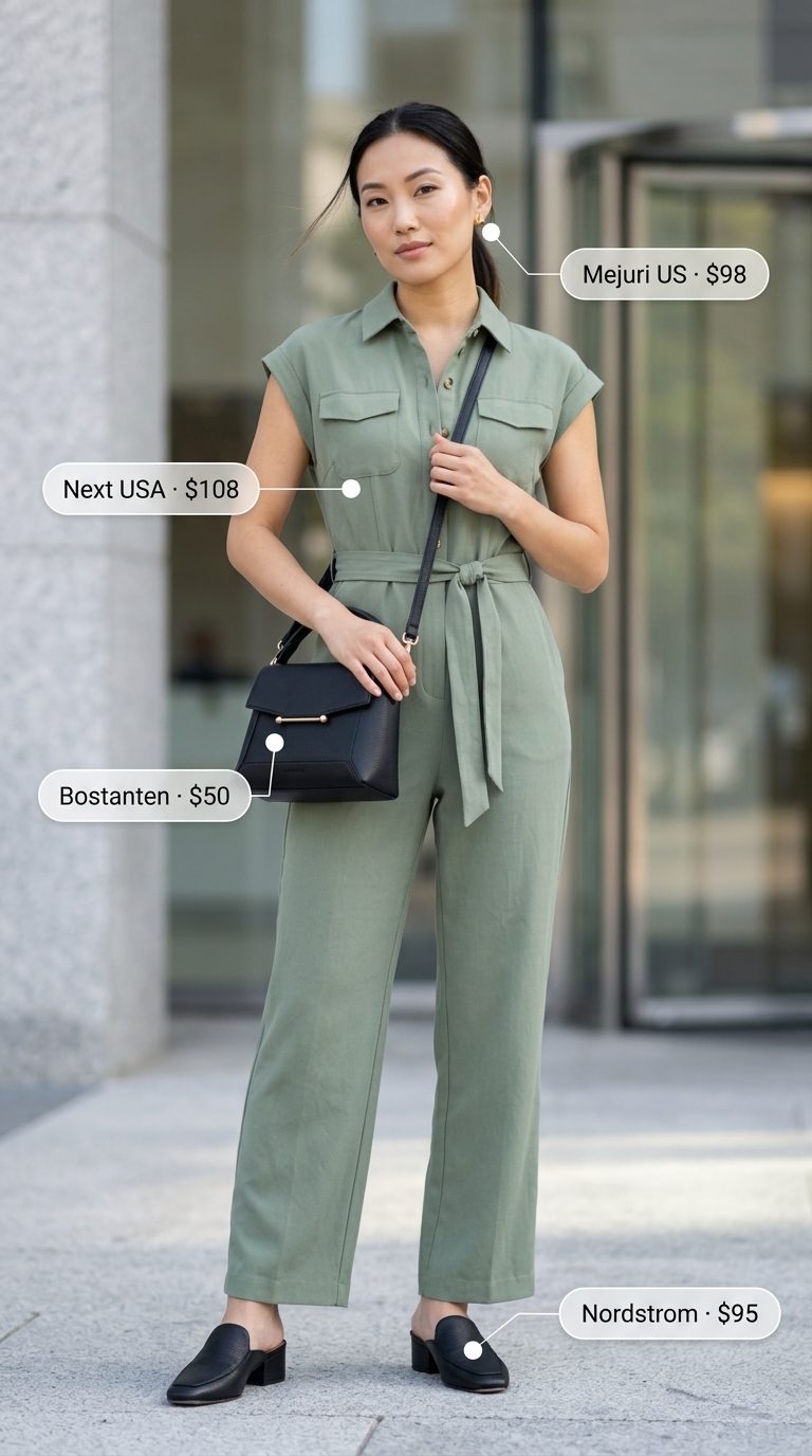 Chic summer business casual outfit for women 2026: Khaki utility jumpsuit, black mules, gold earrings for casual Fridays.
