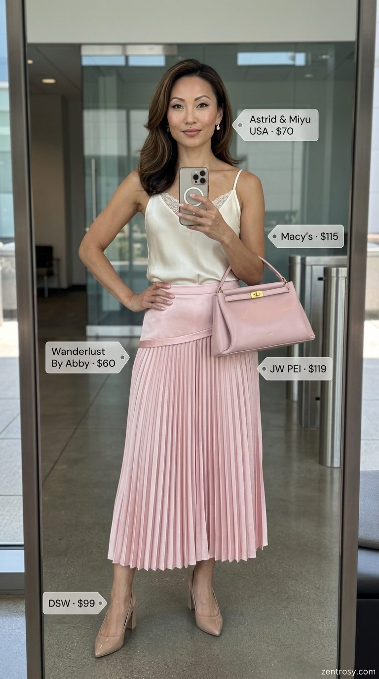 Chic summer business casual outfit for women 2026: Blush pink skirt, ivory camisole, nude pumps, rose gold earrings.