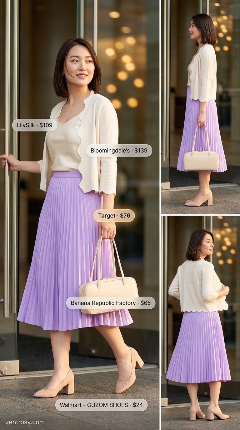 Chic summer business casual outfit for women 2026: Lavender midi skirt, ivory camisole, nude mules, ivory cardigan.
