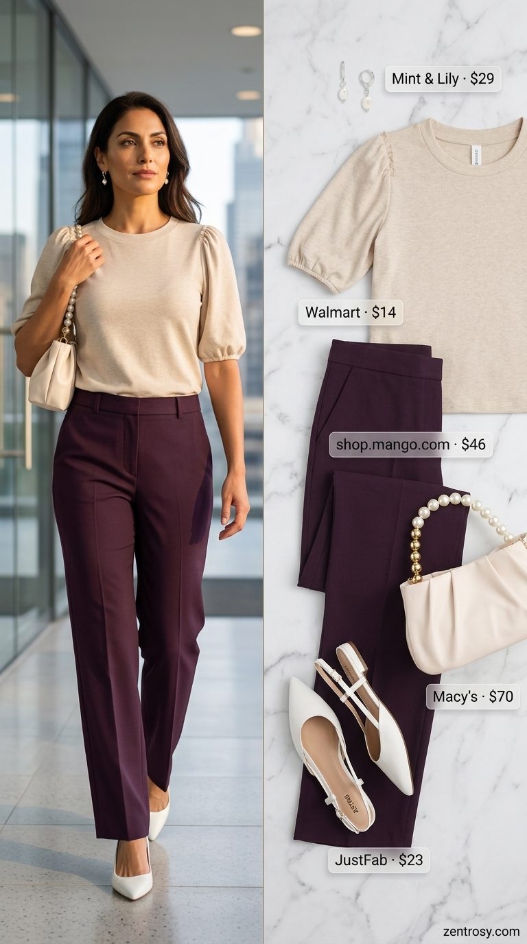 Chic summer business casual outfit for women 2026: Lavender trousers, cream knit top, pearl earrings, and white slingbacks.