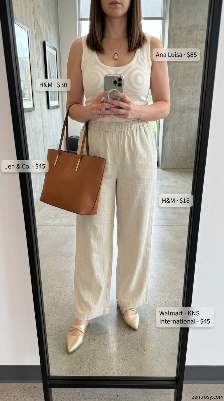 Chic summer business casual outfit for women 2026: Taupe linen trousers, cream knit top, gold necklace, and nude mules.