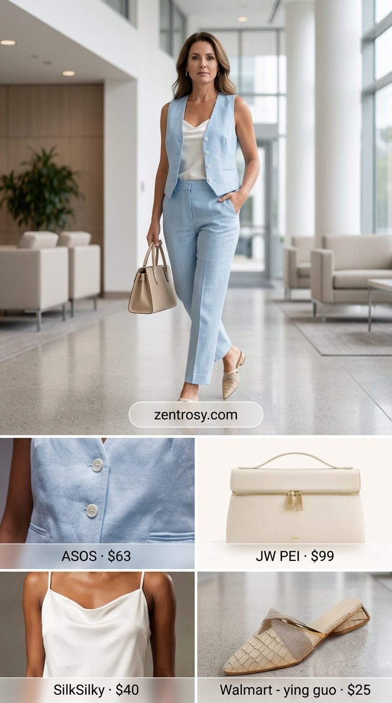 Chic summer business casual outfit for women 2026: Sky blue matching set, white camisole, nude mules, structured bag.