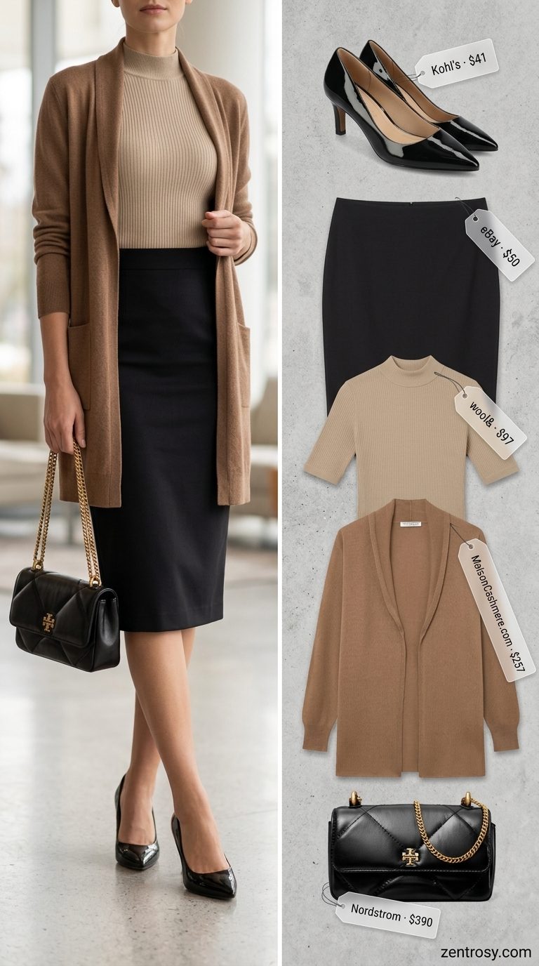 Chic summer business casual outfit for women 2026: Camel skirt, black top, gold chain bag, black pumps, camel cardigan.