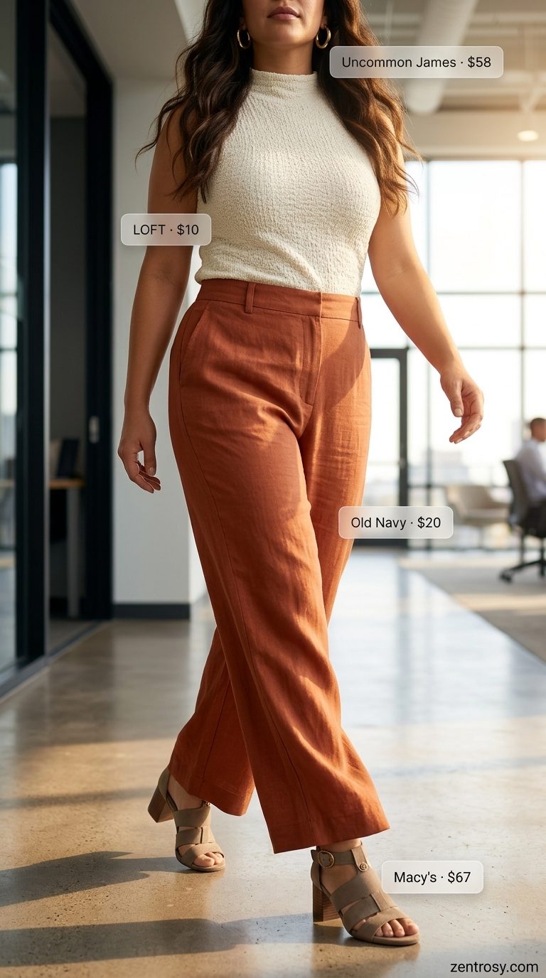 Chic summer business casual outfit for women 2026: Terracotta linen trousers, cream mock neck top, gold hoops, tan sandals.