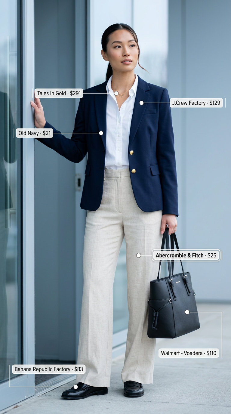 Chic summer office outfits for women 2026: Beige linen pants, white shirt, navy blazer, and loafers.