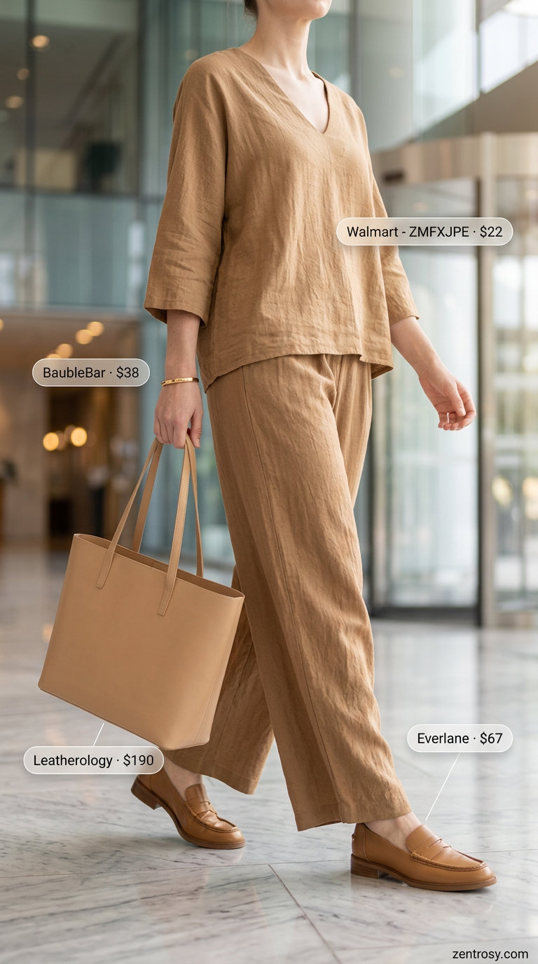 Chic summer office outfits for women 2026: Camel knit set, ivory trench coat, brown loafers, and gold bracelet.