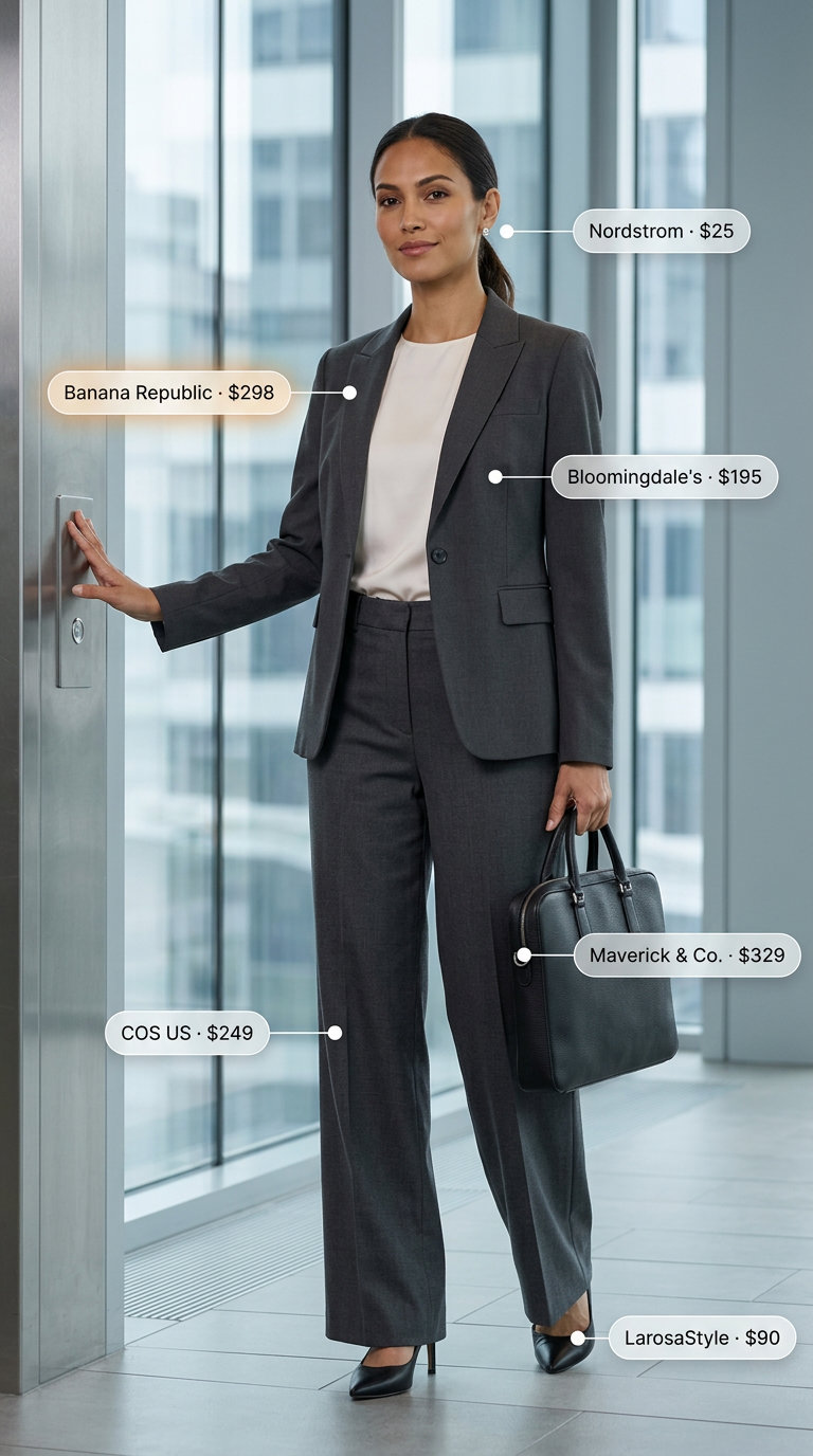 Chic summer office outfits for women 2026: Charcoal blazer, white shell top, grey trousers, and black pumps.