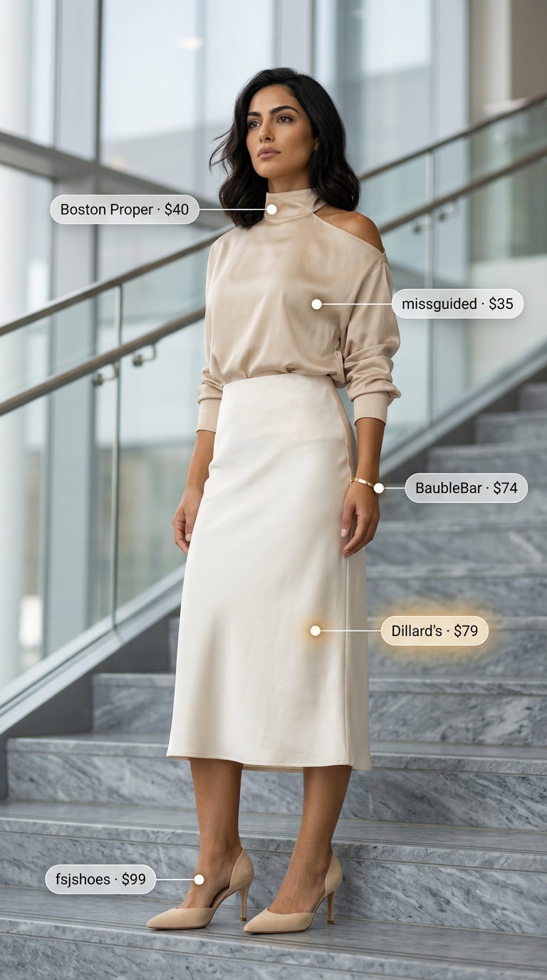 Chic summer office outfits for women 2026: Cream silk blouse, midi skirt, nude pumps, and gold bracelet.
